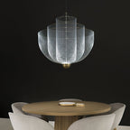 Wirework pendant light shade detail showing woven steel strands