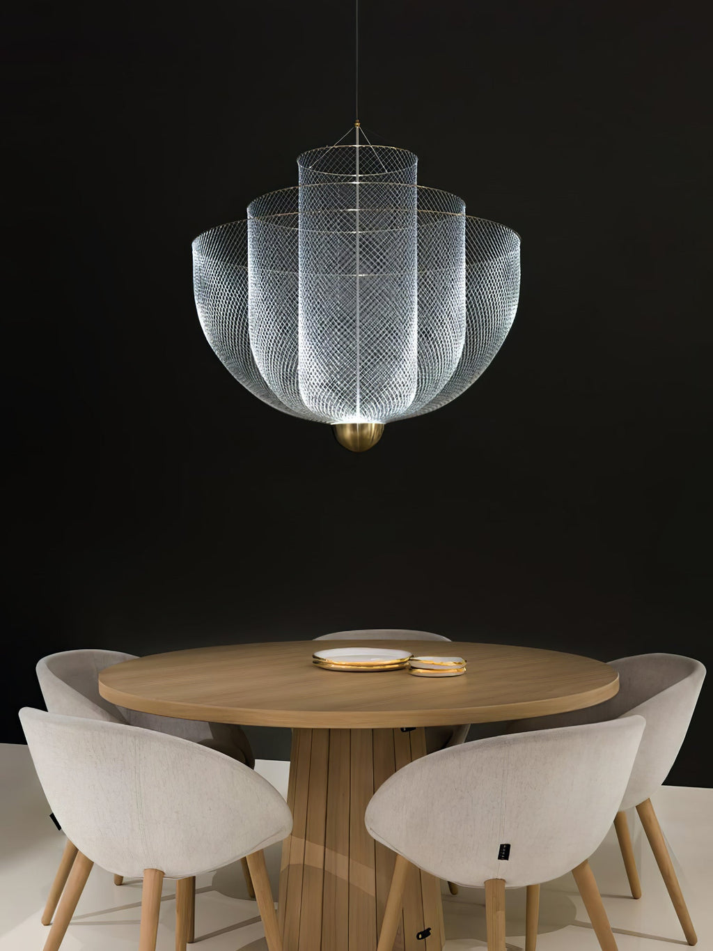 Suspension en fil métallique, sphère en acier superposée, LED intégrée, chrome ou or