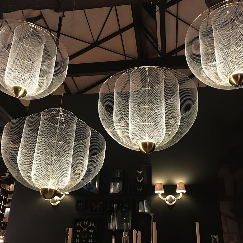 Layered wire pendant light detail of the upward facing glow