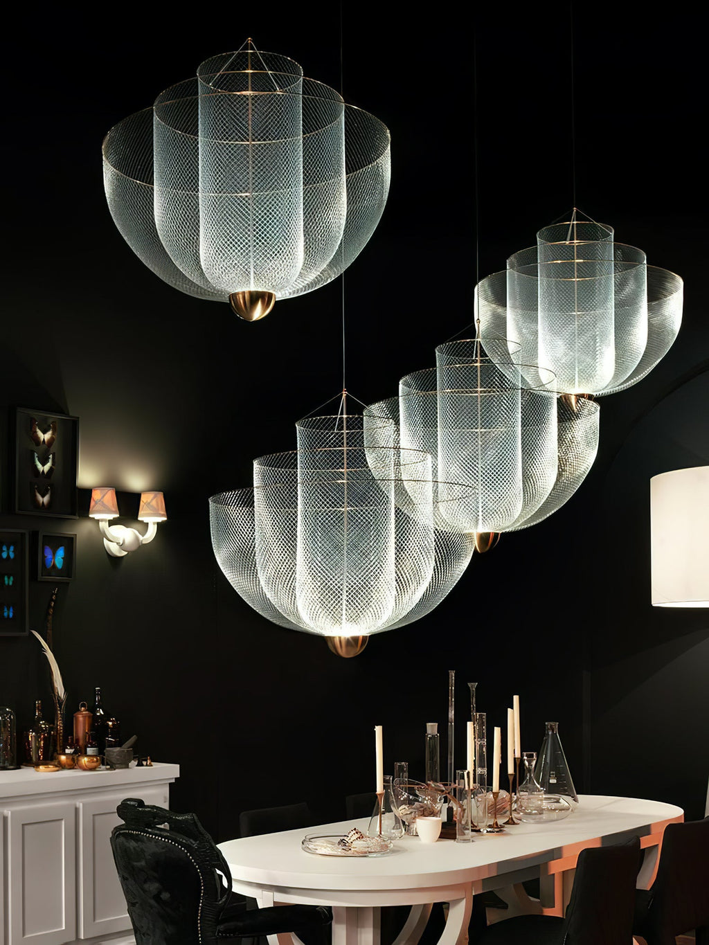 Suspension en fil métallique, sphère en acier superposée, LED intégrée, chrome ou or