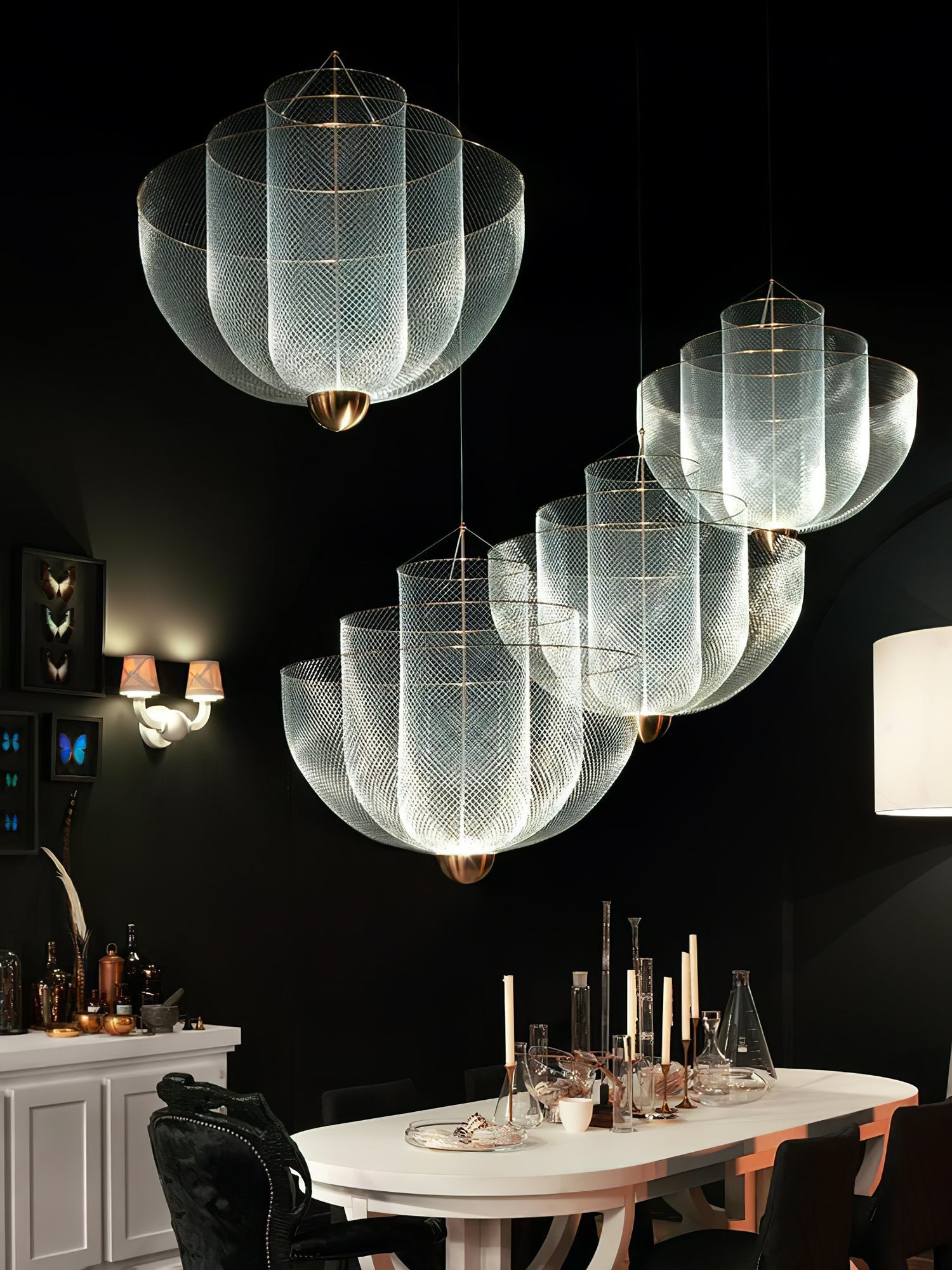 Suspension en fil métallique, sphère en acier superposée, LED intégrée, chrome ou or