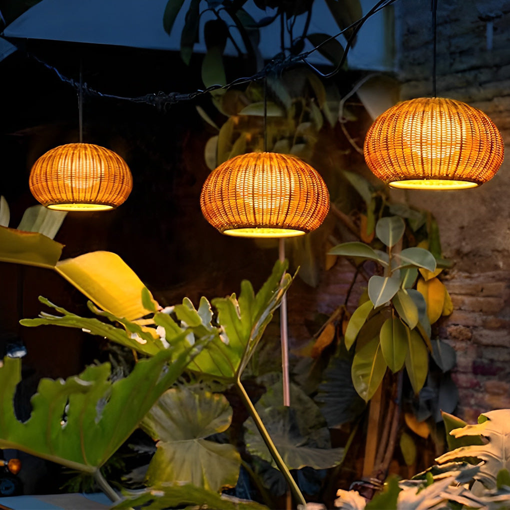 Woven Rattan Wall Lamp For Outdoor Spaces With Lantern-Style Shade