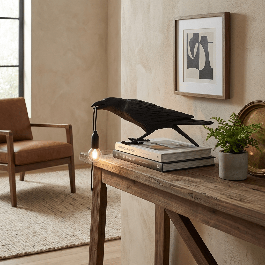 Black raven lamp detail showing sculpted feathers and bulb