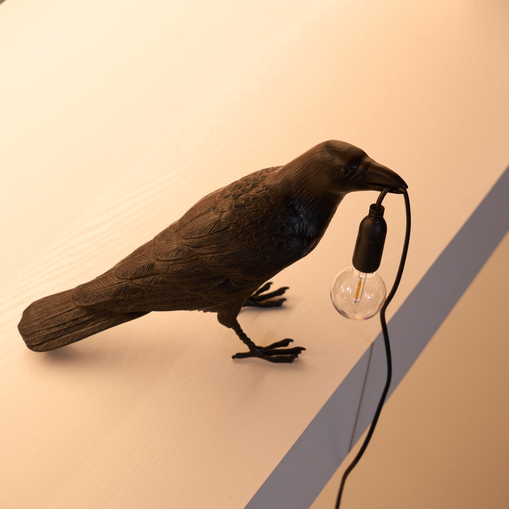 Black raven table lamp on a side table at night