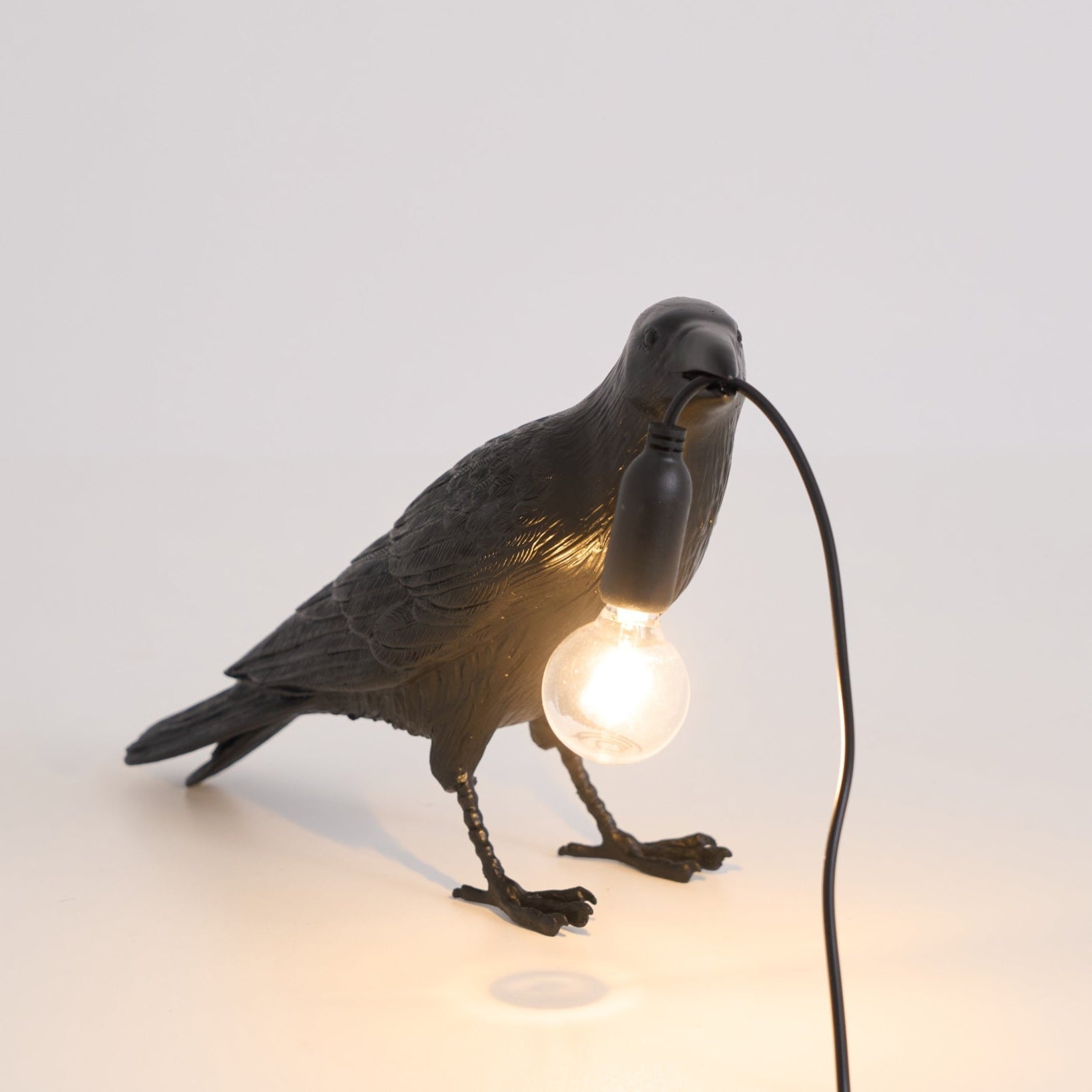Raven table lamp lit warmly on a styled shelf