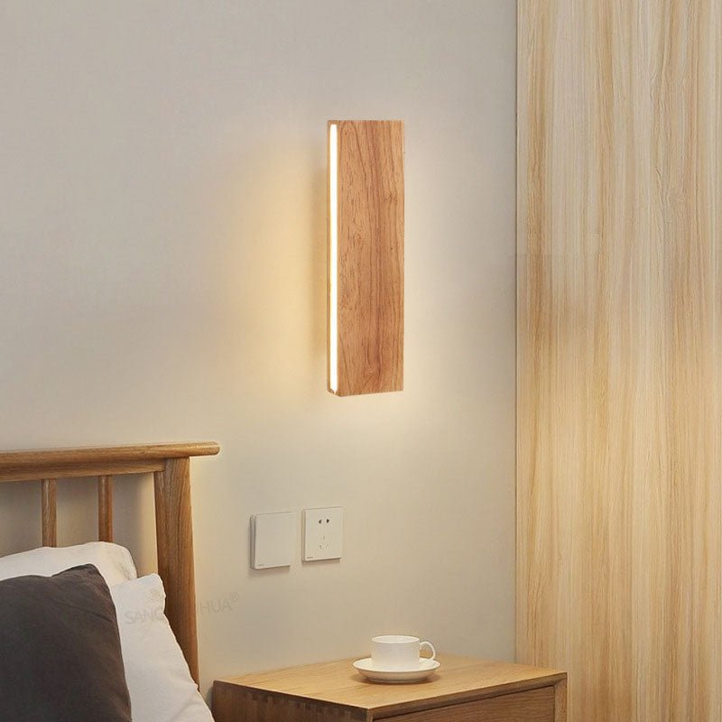 Wooden LED Wall Fixture With Warm Glow, Rectangular 12x6 Inches
