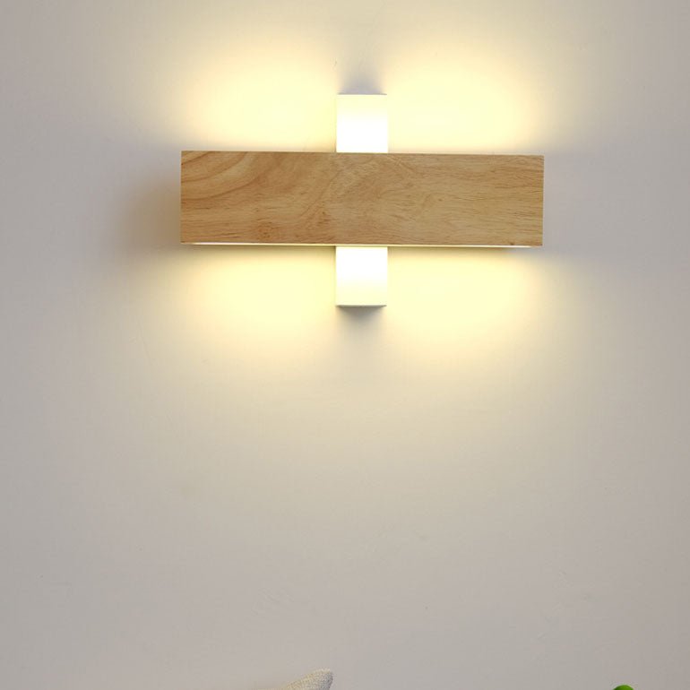 Wooden LED Wall Fixture With Warm Glow, Rectangular 12x6 Inches