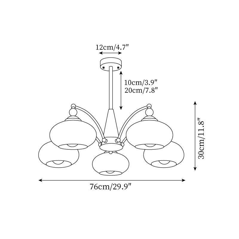 Dimension drawing for the Clérachic 5-light chandelier: 76cm/29.9″ wide, 30cm/11.8″ high, 12cm/4.7″ canopy, 10cm/3.9″ and 20cm/7.8″ rods.