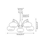 Dimension drawing for the Clérachic 5-light chandelier: 76cm/29.9″ wide, 30cm/11.8″ high, 12cm/4.7″ canopy, 10cm/3.9″ and 20cm/7.8″ rods.