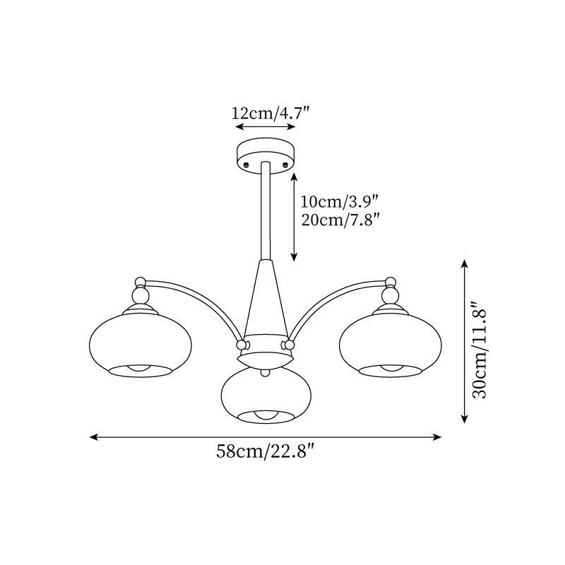 Dimension drawing for the Clérachic 3-light chandelier: 58cm/22.8″ wide, 30cm/11.8″ high, 12cm/4.7″ canopy, 10cm/3.9″ and 20cm/7.8″ rods.