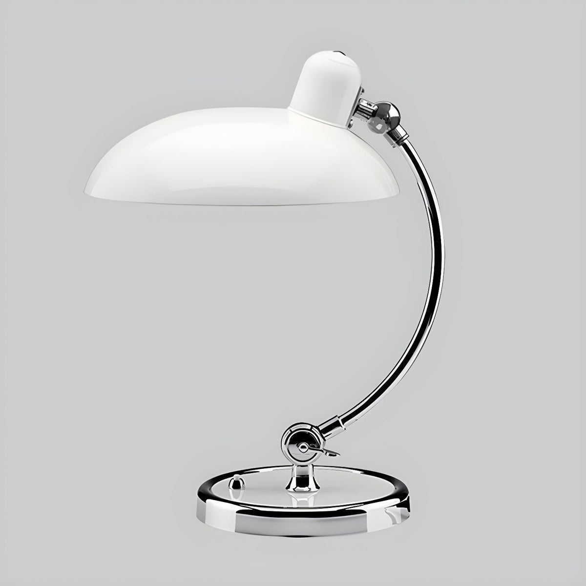 A white Clérachic desk lamp with a chrome base, shown on a plain grey backdrop.