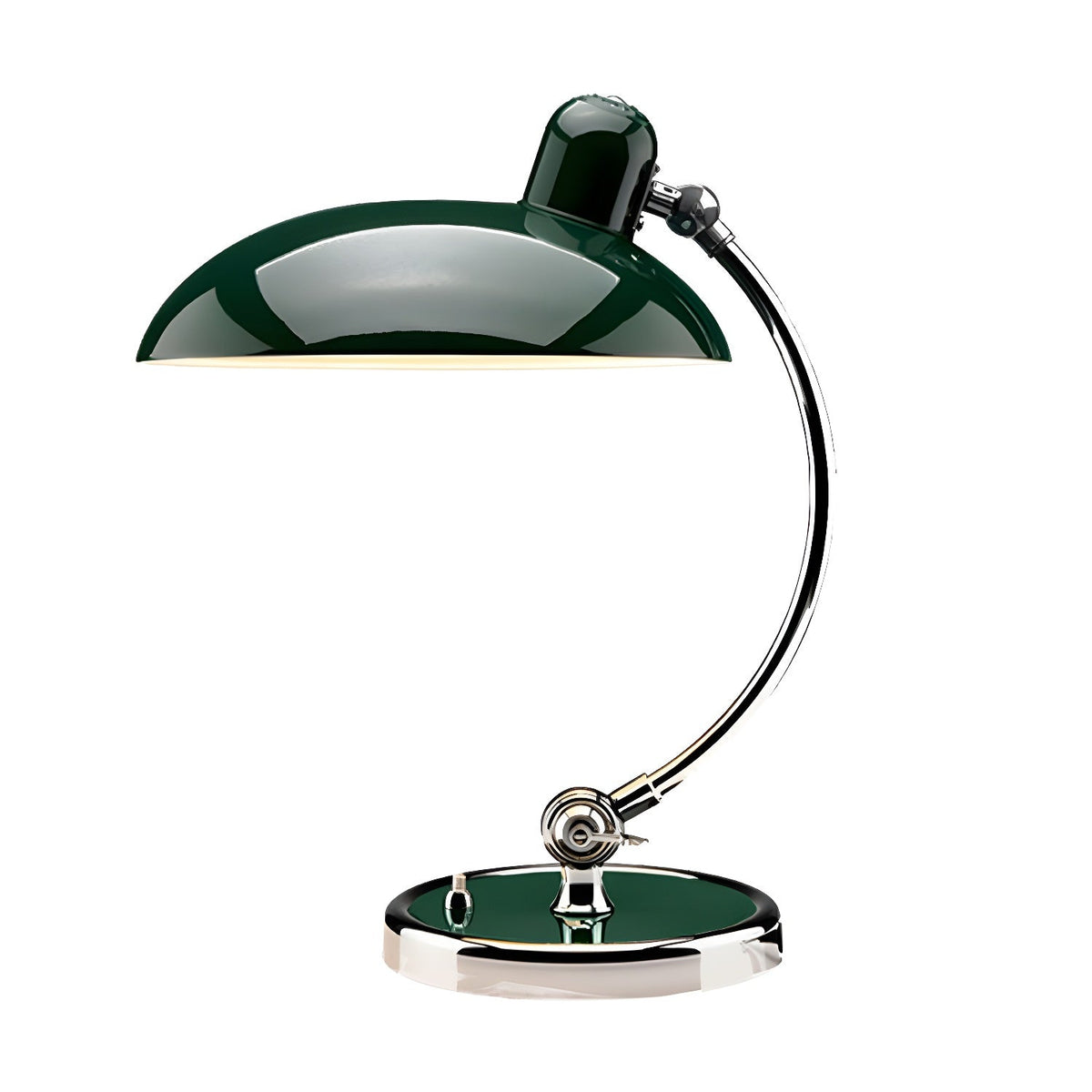 Its chrome stem and green base in view, this green Clérachic desk lamp stands unlit on a white backdrop.