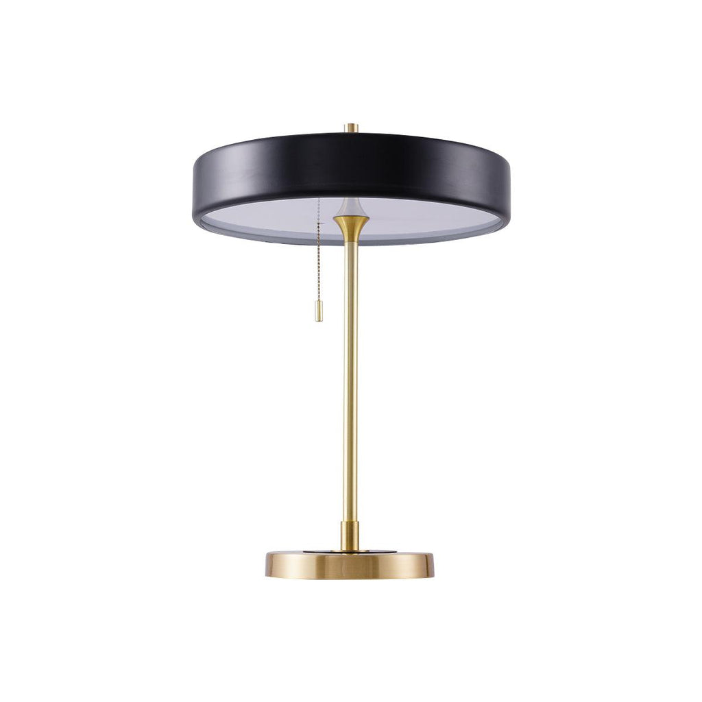 Revolve table lamp with spun metal shade on a gold iron base