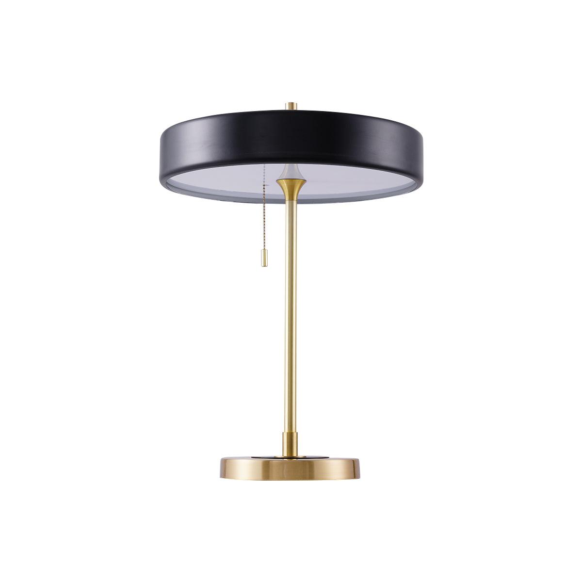 Revolve table lamp with spun metal shade on a gold iron base