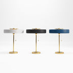 Revolve bordlampe, skærm i drejet metal, opal diffusor, jernfod, G9