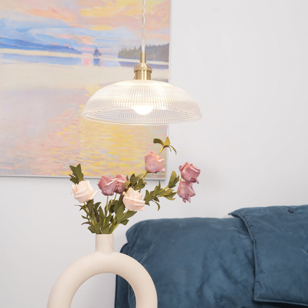 The full pastel painting in view above this Clérachic pendant, pink roses in a ring vase below the unlit shade.