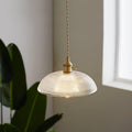 This Clérachic pendant hangs lit beside a window, its ribbed glass shade glowing above a leafy green plant.