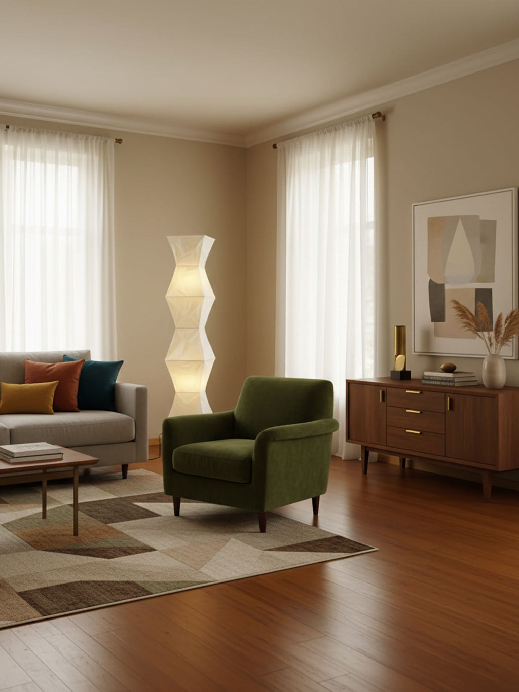 Tall white paper floor lamp with sculptural Akari silhouette