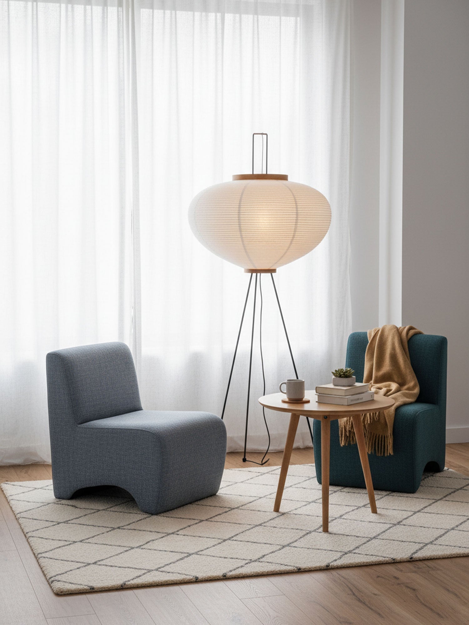 Sculptural rice paper floor lamp with soft even illumination