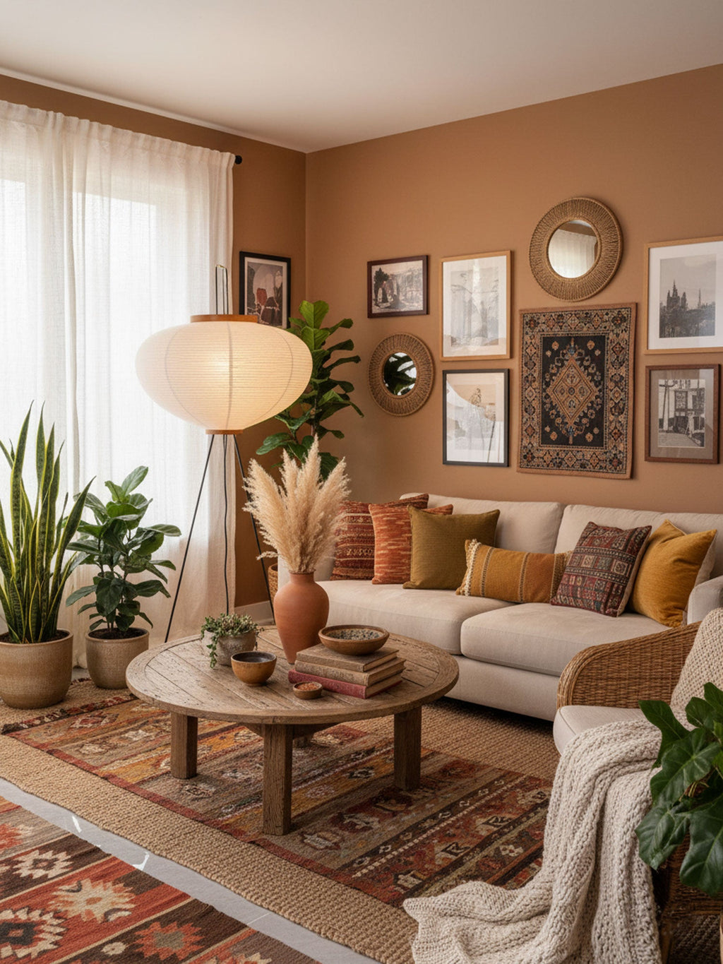 White mulberry paper floor lamp standing in a bright room