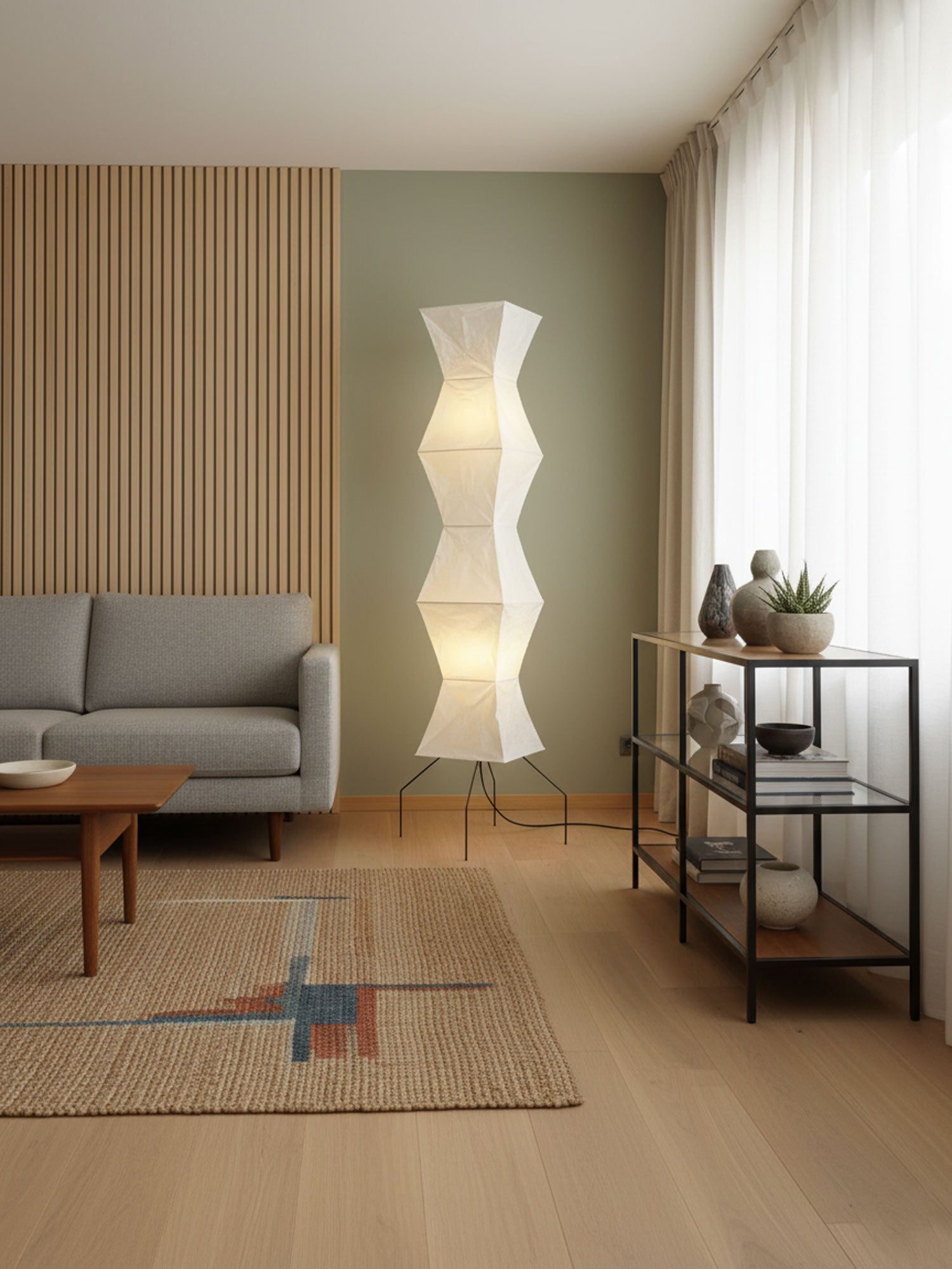 Mulberry paper floor lamp shade detail with diffused glow