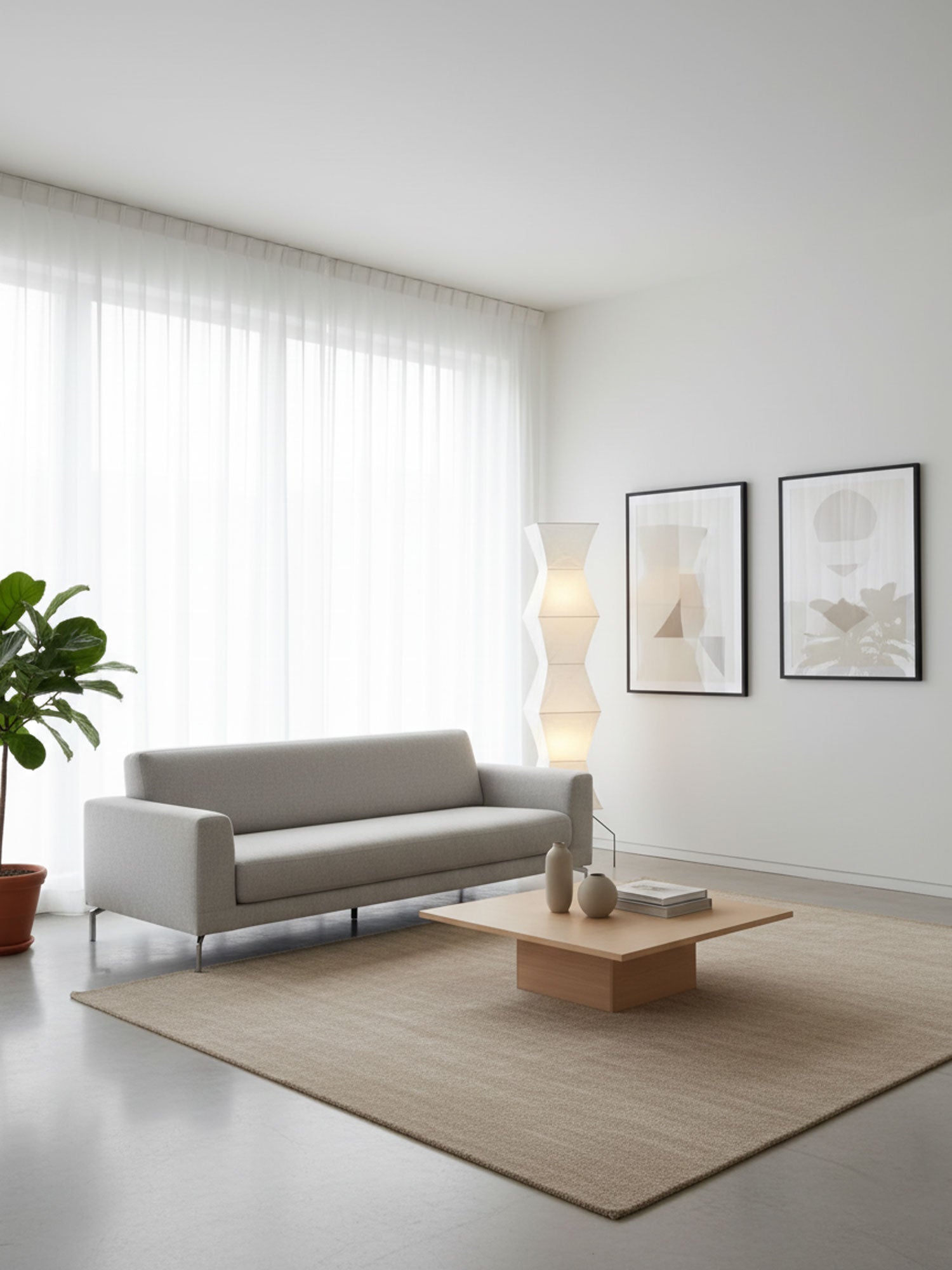 Paper floor lamp with warm light in a serene home setting