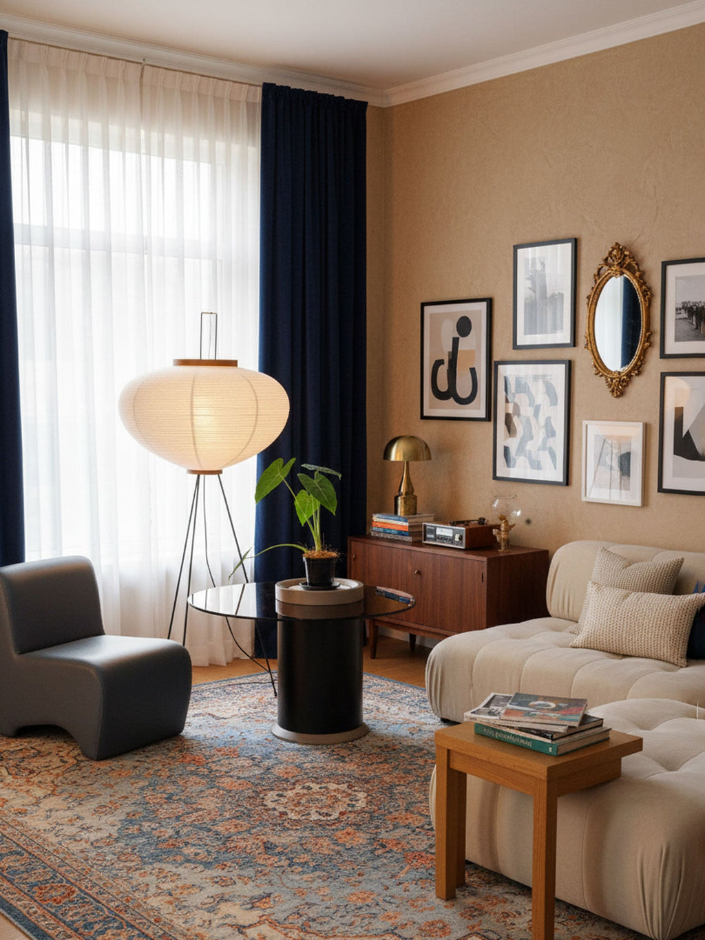 Akari floor lamp standing beside a low table and seating