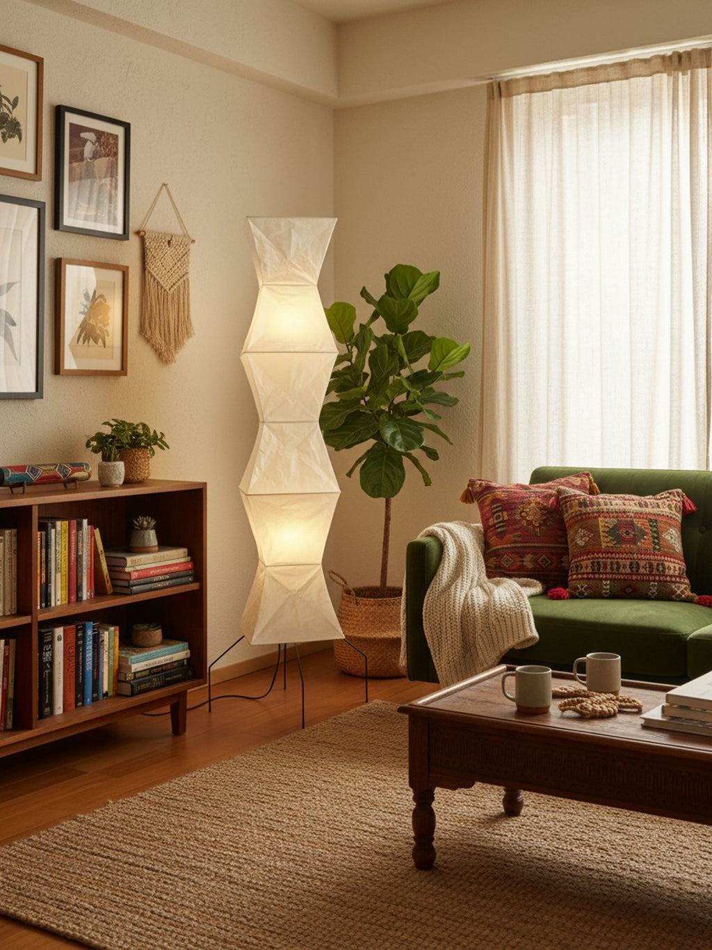 Akari floor lamp glowing softly next to a reading nook