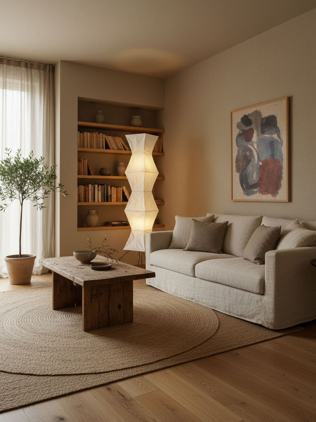 Rice paper floor lamp lit warmly in a styled living room