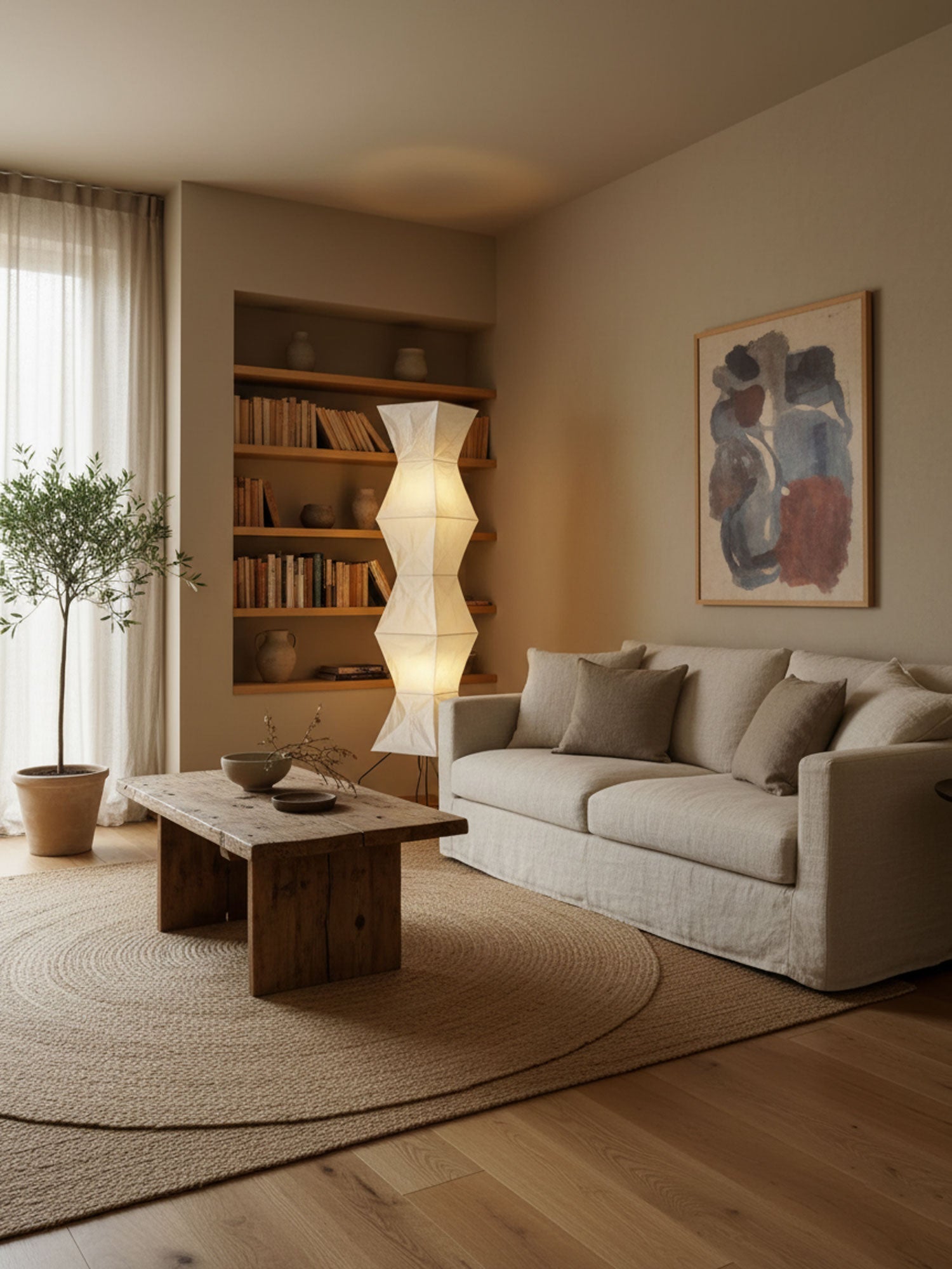 Rice paper floor lamp lit warmly in a styled living room