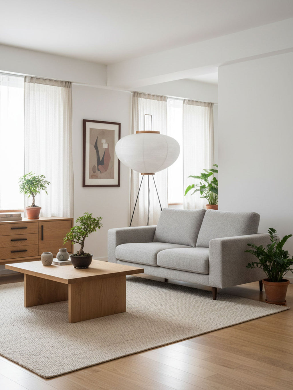 Rice paper floor lamp full view showing slender frame and shade