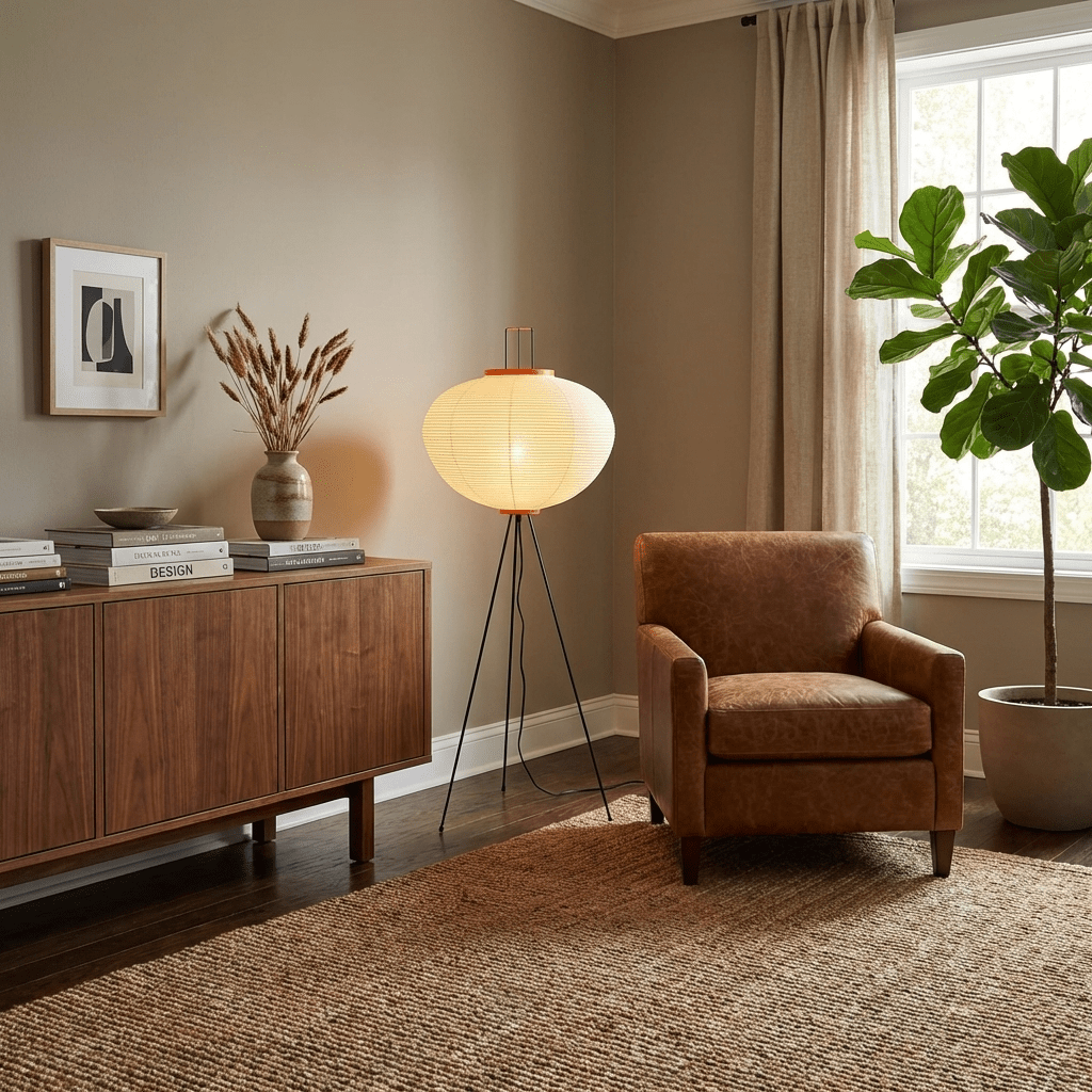 Paper floor lamp with bamboo-rib structure and gentle glow