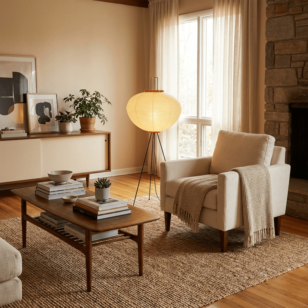 Rice paper floor lamp standing in a minimalist interior corner