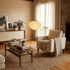 Rice paper floor lamp standing in a minimalist interior corner