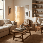 Akari floor lamp lit warmly in a quiet living space