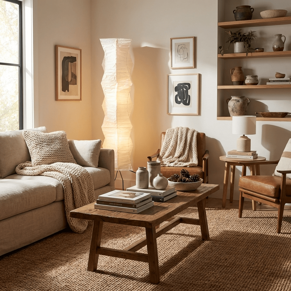 Akari floor lamp lit warmly in a quiet living space