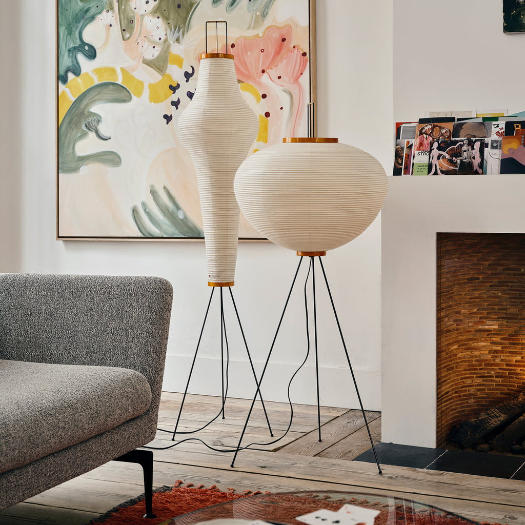Akari floor lamp with mulberry paper shade in a styled room