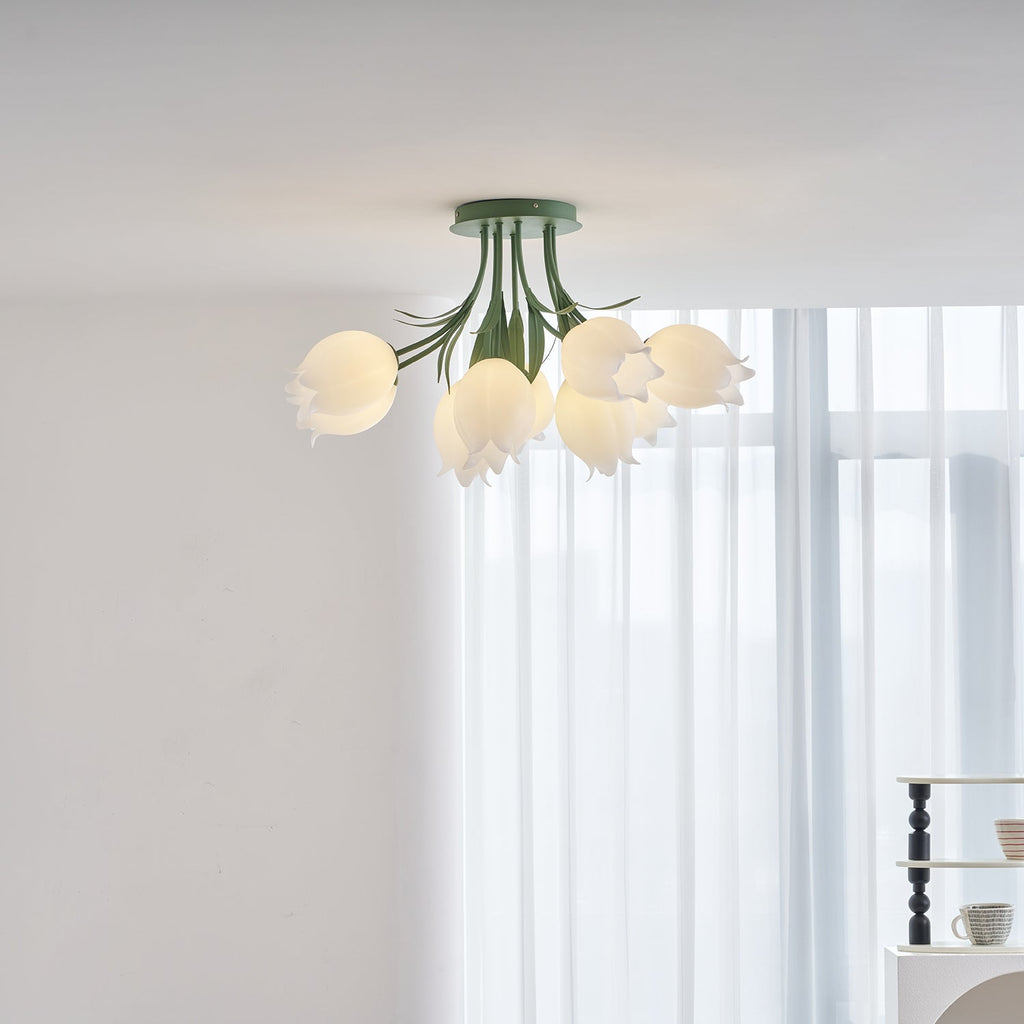 Near a sheer curtain, this Clérachic ceiling light in green is framed slightly differently than a previous view.