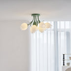 Near a sheer curtain, this Clérachic ceiling light in green is framed slightly differently than a previous view.