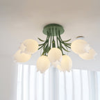 Glowing warm from below near a sheer curtain, this Clérachic ceiling light in green lights the cluster of shades.