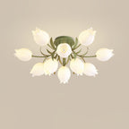 Against a warm beige background, this Clérachic ceiling light in green shows a dense, two-tier arrangement of shades.