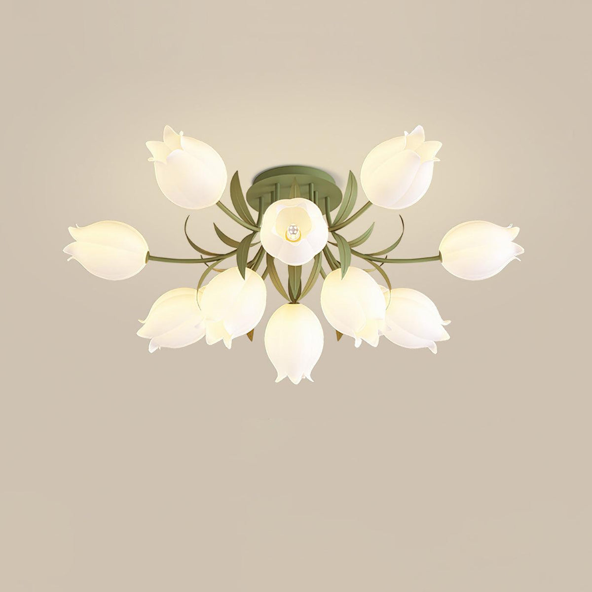 Against a warm beige background, this Clérachic ceiling light in green shows a dense, two-tier arrangement of shades.