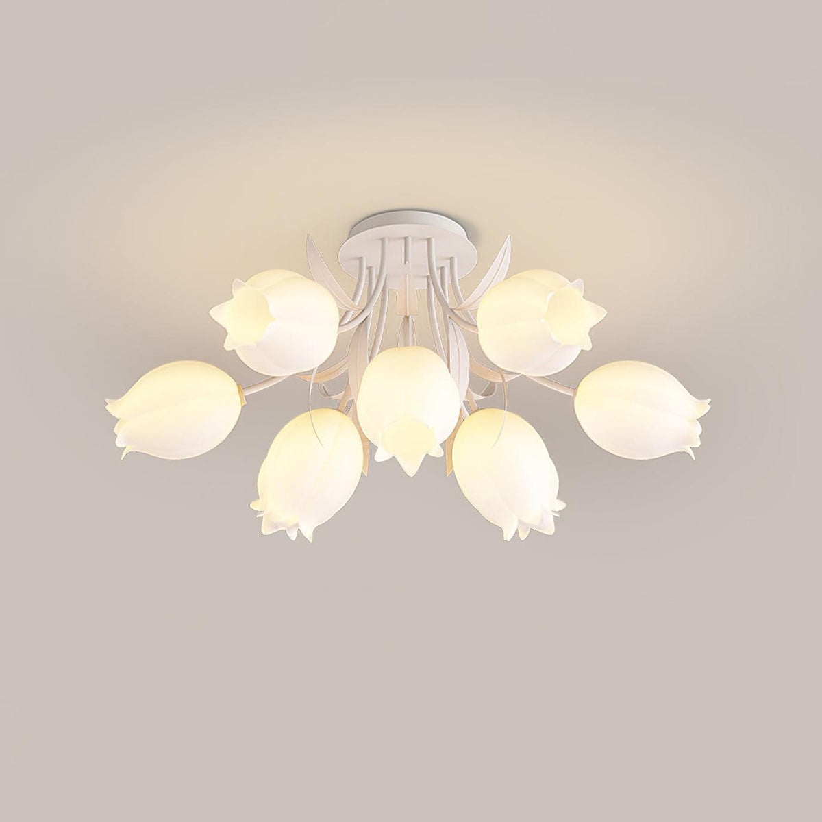 Shown from another angle on a beige background, this Clérachic ceiling light in green fans its shades wide.