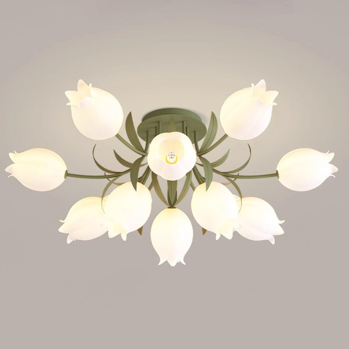 Lit on a grey background, this Clérachic ceiling light in green glows from its central bloom outward.