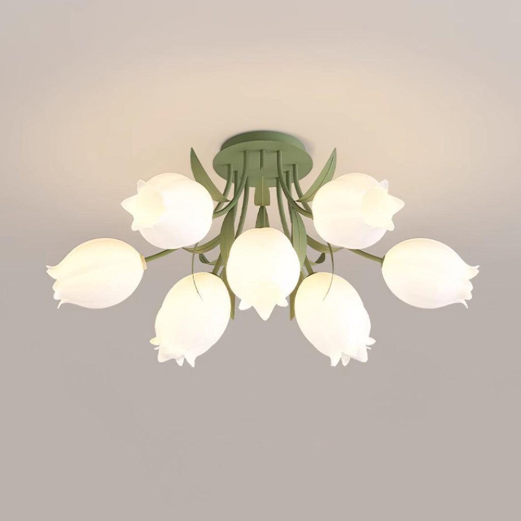 On a plain grey background, this Clérachic ceiling light in green shows a tighter, single-tier ring of shades.