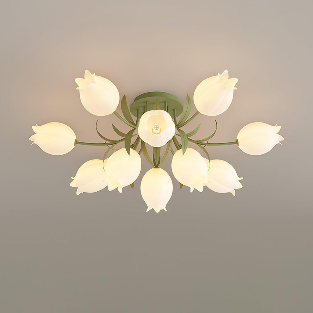 On a dark grey background, this Clérachic ceiling light in green clusters its shades tightly toward the front.