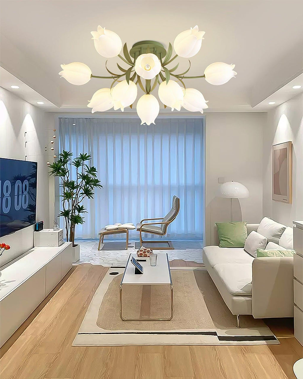 Lighting a living room with a pale sofa and floor lamp, this Clérachic ceiling light in green hangs beside sheer curtains.
