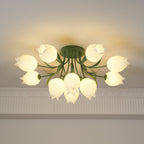 Beneath a cove moulding, this Clérachic ceiling light in green glows, seen from a slightly different angle than before.