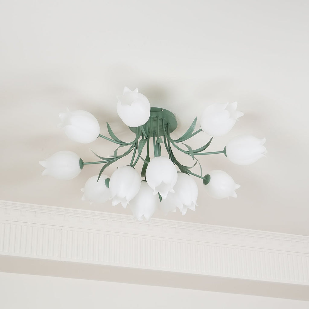 Near a cove moulding, this Clérachic ceiling light in green shows its cluster softly out of focus at the edges.