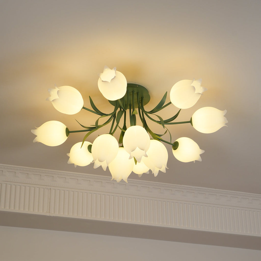 Glowing warm beneath a cove moulding, this Clérachic ceiling light in green is seen at an angle from below.